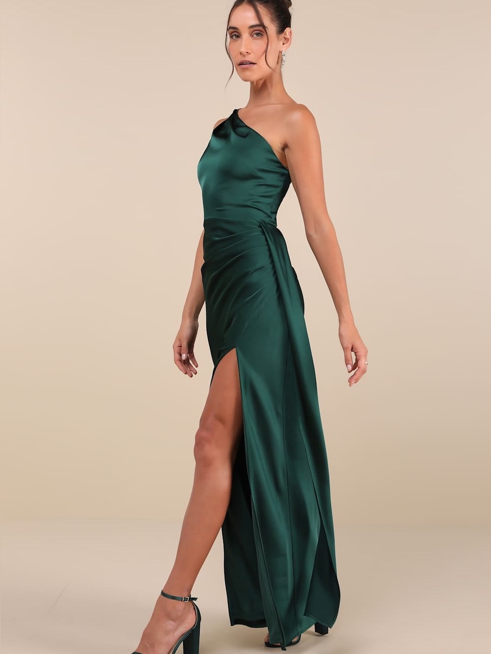Lulus Signature Elegance Emerald Satin One-Shoulder Maxi Dress Size Large Formal - Picture 3 of 12